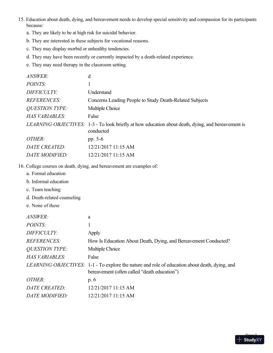 Test Bank For Death and Dying, Life and Living , 8th Edition, page 9