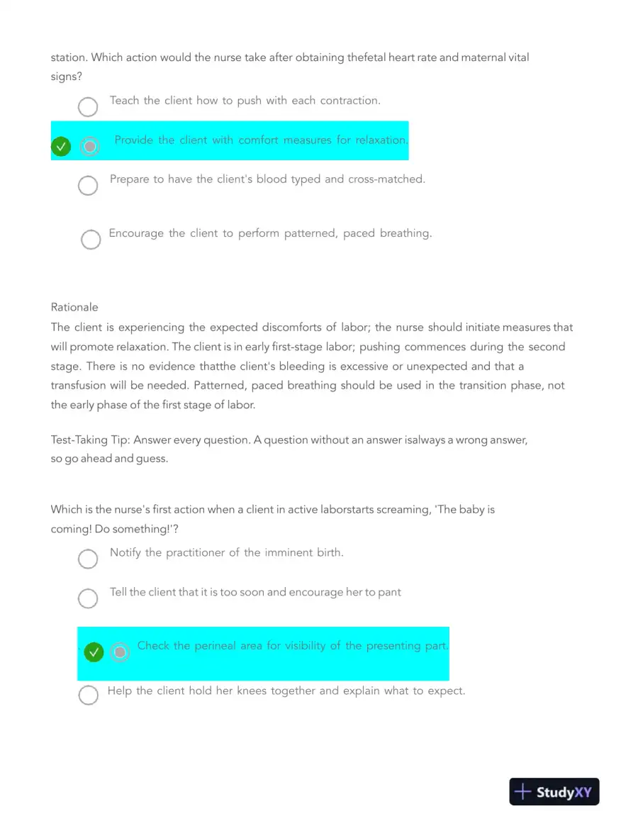 HESI Pregnancy, Labor, Childbirth, and Postpartum Real Exam With Answers (116 Solved Questions), page 14