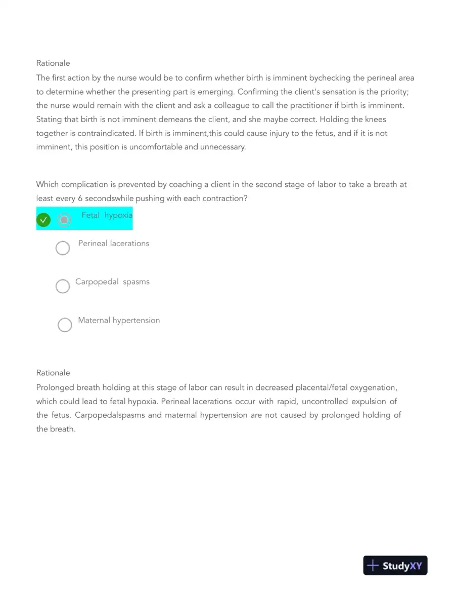 HESI Pregnancy, Labor, Childbirth, and Postpartum Real Exam With Answers (116 Solved Questions), page 15