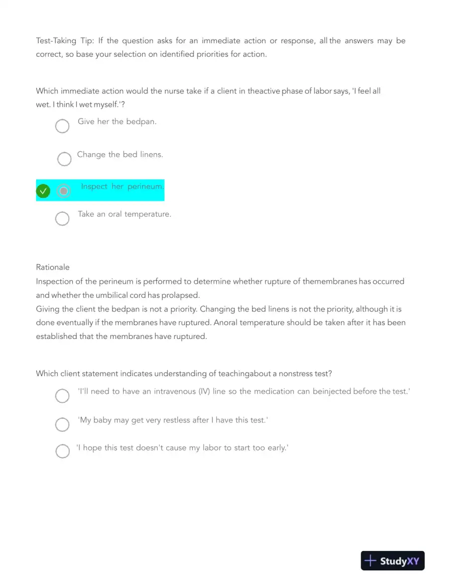 HESI Pregnancy, Labor, Childbirth, and Postpartum Real Exam With Answers (116 Solved Questions), page 16