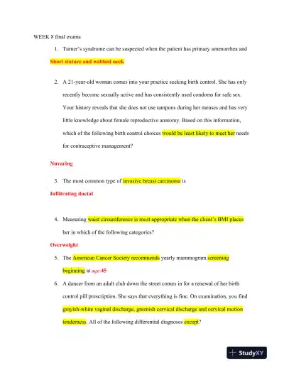 2020 NR602 Chamberlain College of Nursing Clinical Analysis Final Exam Week 8 With Answers (50 Solved Questions) - Page 1 preview image