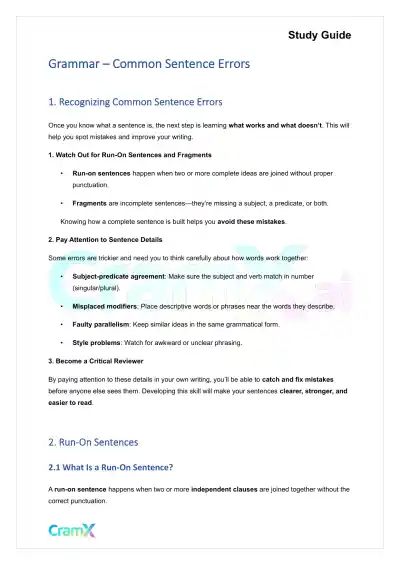 Grammar - Common Sentence Errors - Page 1 preview image