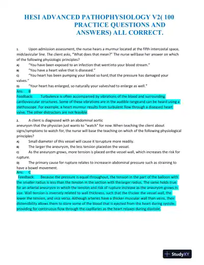 2020 HESI Advanced Pathophysiology Practice Exam With Answers (100 Solved Questions) - Page 1 preview image