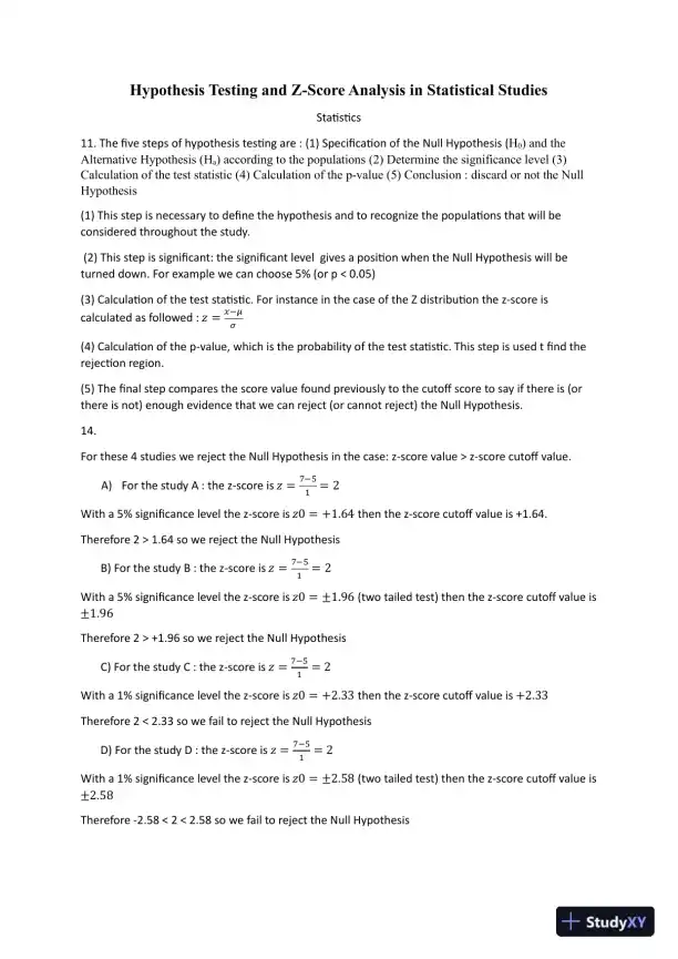 Hypothesis Testing and Z-Score Analysis in Statistical Studies - Page 1 preview image