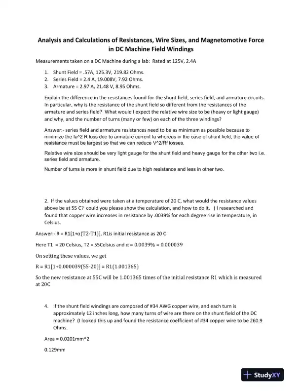Analysis and Calculations of Resistances, Wire Sizes, and Magnetomotive Force in DC Machine Field Windings - Page 1 preview image