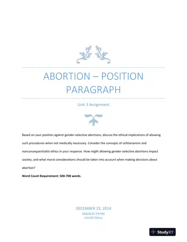Abortion � Position Paragraph Unit 3 Assignment - Page 1 preview image