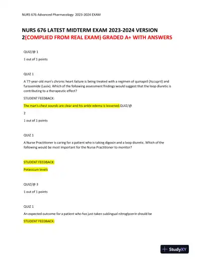 2023-2024 NURS676 Pharmacology Midterm Exam With Answers (101 Solved Questions) - Page 1 preview image