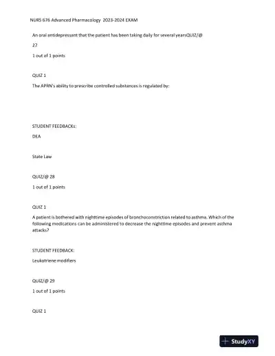 2023-2024 NURS676 Pharmacology Midterm Exam With Answers (101 Solved Questions) - Page 11 preview image