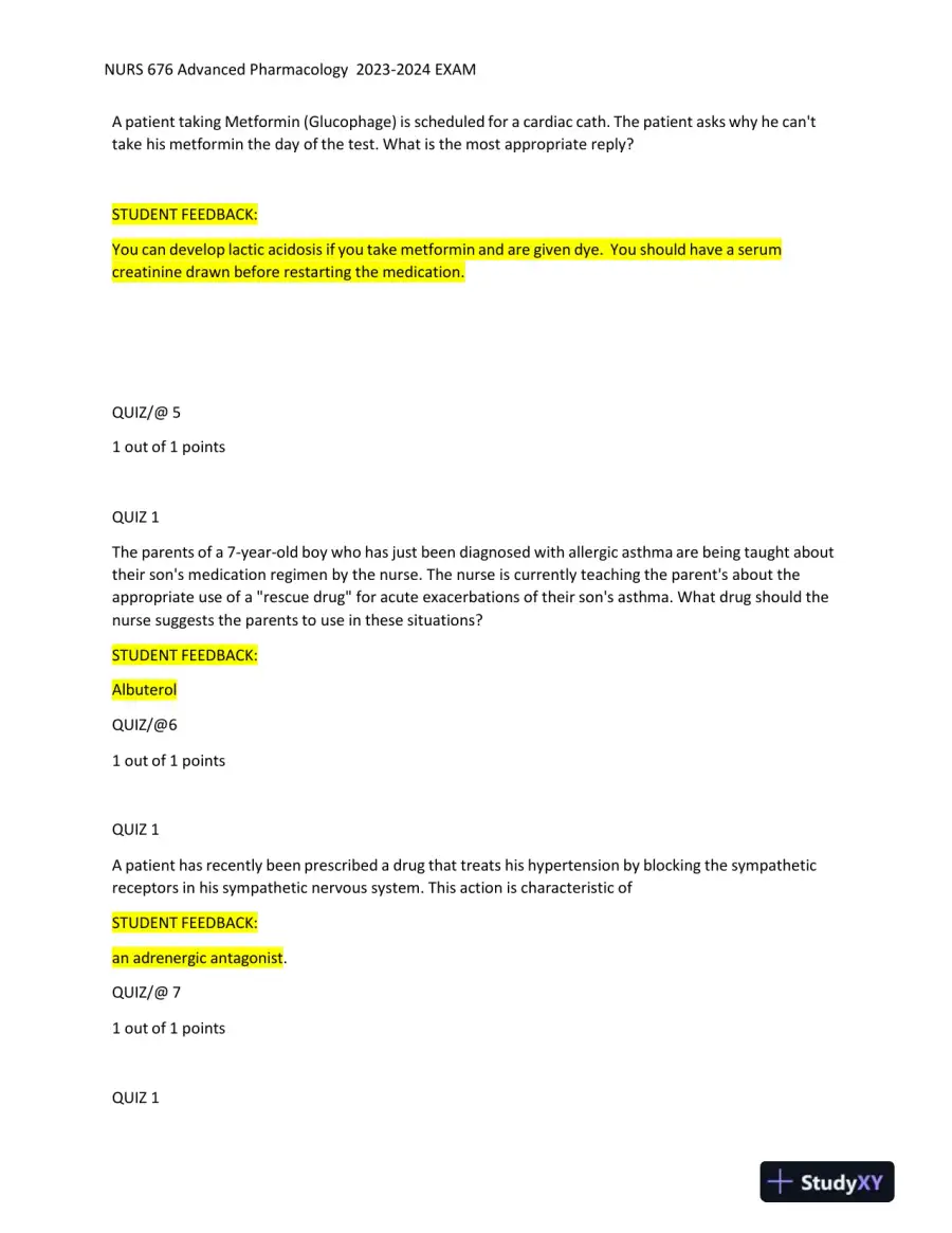 2023-2024 NURS676 Pharmacology Midterm Exam With Answers (101 Solved Questions), page 4