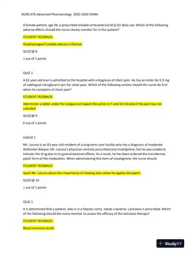 2023-2024 NURS676 Pharmacology Midterm Exam With Answers (101 Solved Questions) - Page 5 preview image
