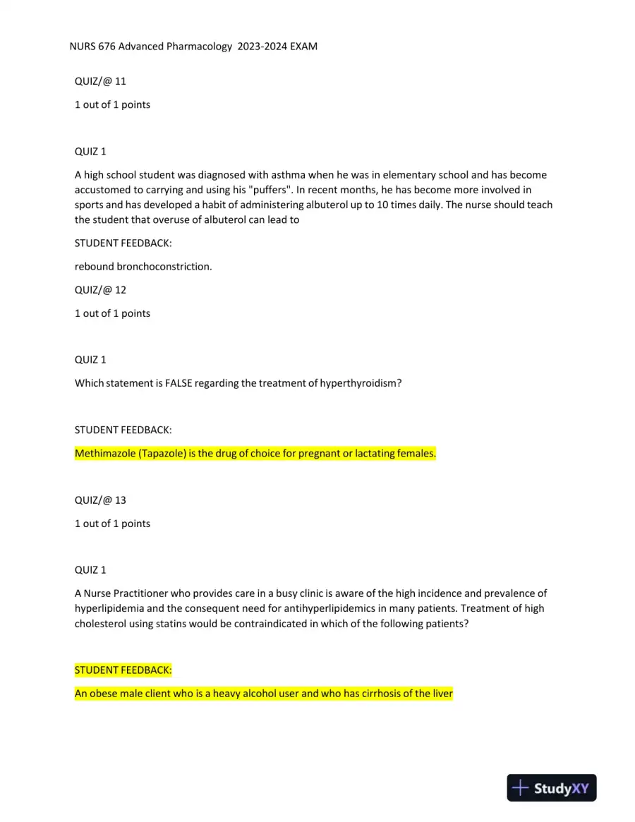 2023-2024 NURS676 Pharmacology Midterm Exam With Answers (101 Solved Questions), page 6