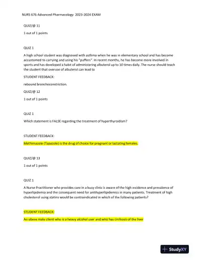 2023-2024 NURS676 Pharmacology Midterm Exam With Answers (101 Solved Questions) - Page 6 preview image
