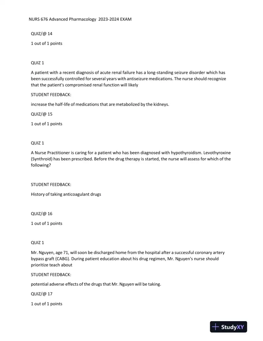 2023-2024 NURS676 Pharmacology Midterm Exam With Answers (101 Solved Questions), page 7