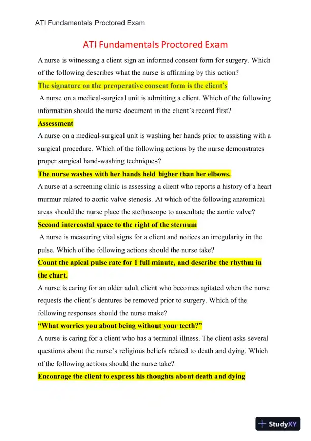 ATI Fundamentals of Nursing Proctored Exam With Answers (11 Solved Questions) - Page 1 preview image