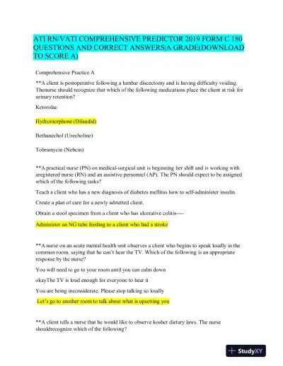 2019 ATI RN Clinical Analysis Comprehensive Predictor Form C With Answers (180 Solved Questions) - Page 1 preview image