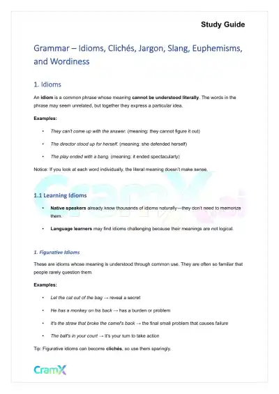 Grammar - Idioms, Cliches, Jargon, Slang, Euphemisms, and Wordiness - Page 1 preview image