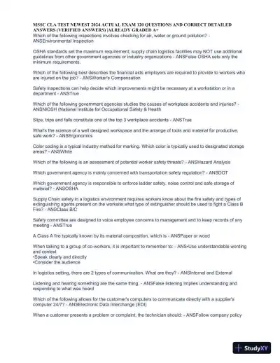 2024 MSSC CLA Test Newest Actual Exam with Answers (168 Solved Questions) - Page 1 preview image