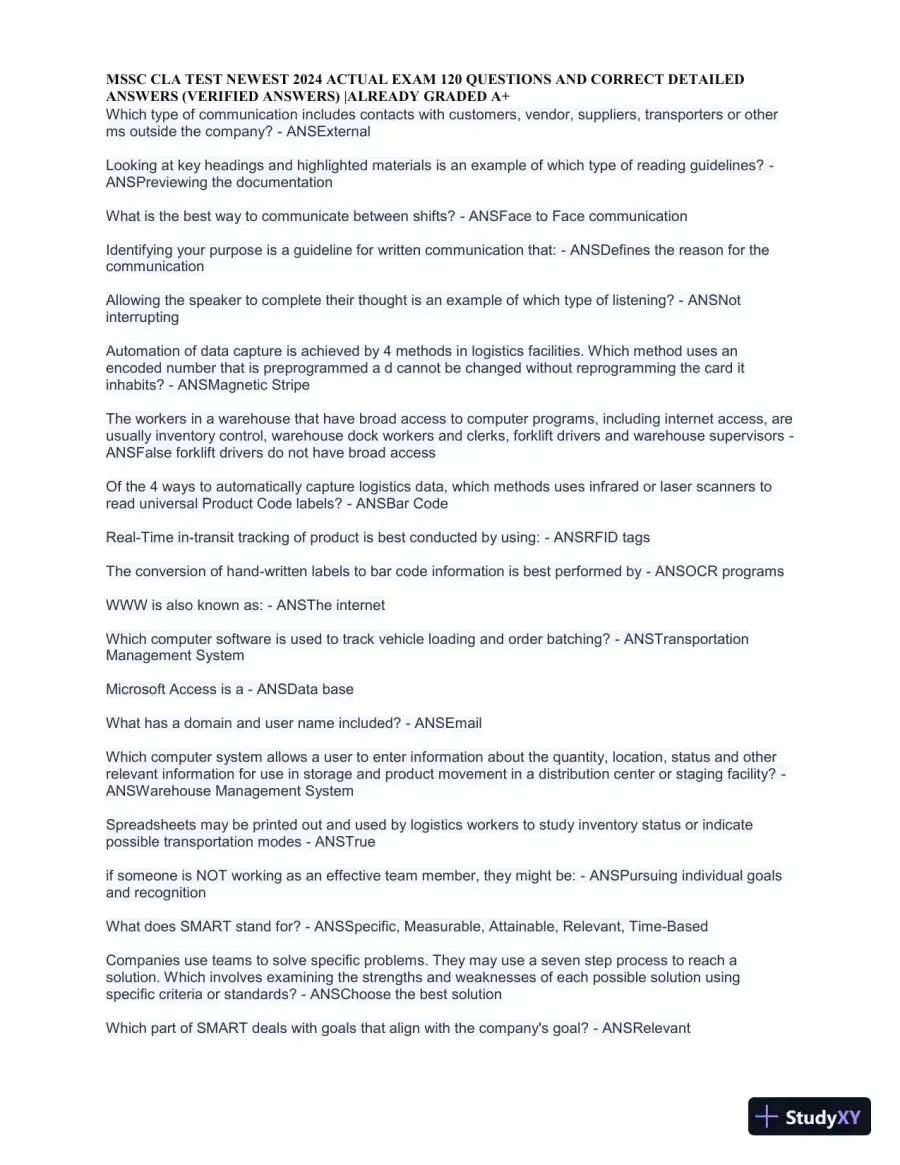 2024 MSSC CLA Test Newest Actual Exam with Answers (168 Solved Questions), page 3