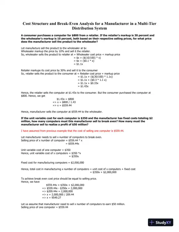 Cost Structure And Break-Even Analysis For a Manufacturer In a Multi-Tier Distribution System - Page 1 preview image
