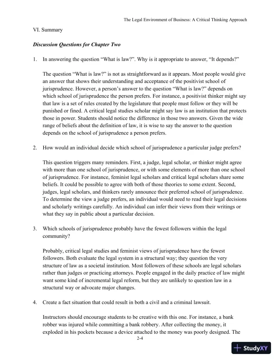 The Legal Environment of Business: A Critical Thinking Approach , 8th Edition Solution Manual, page 10
