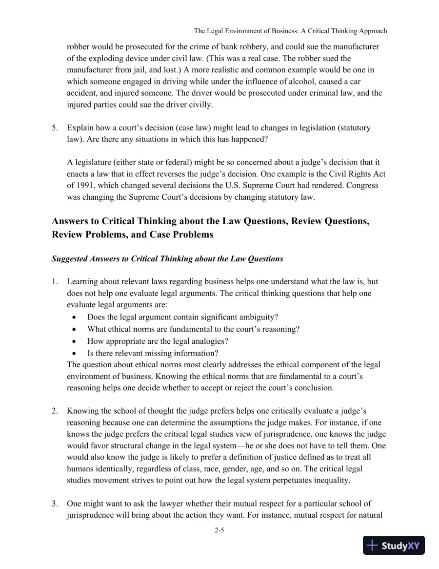 The Legal Environment of Business: A Critical Thinking Approach , 8th Edition Solution Manual, page 11