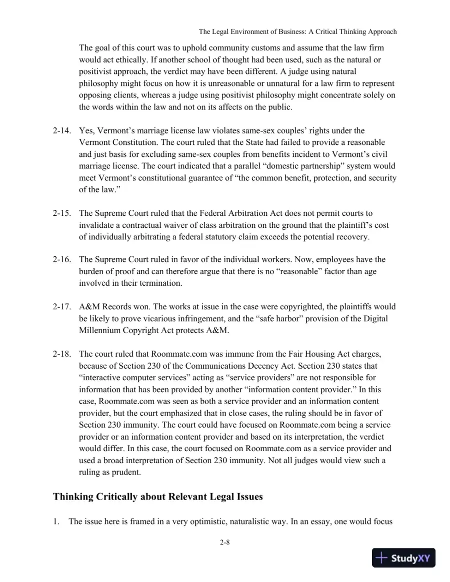 The Legal Environment of Business: A Critical Thinking Approach , 8th Edition Solution Manual, page 14