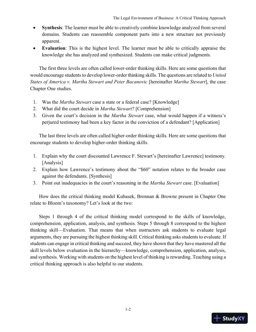 The Legal Environment of Business: A Critical Thinking Approach , 8th Edition Solution Manual, page 3