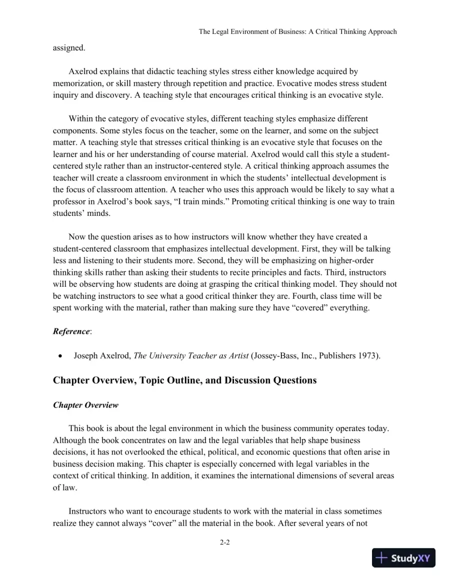 The Legal Environment of Business: A Critical Thinking Approach , 8th Edition Solution Manual, page 8
