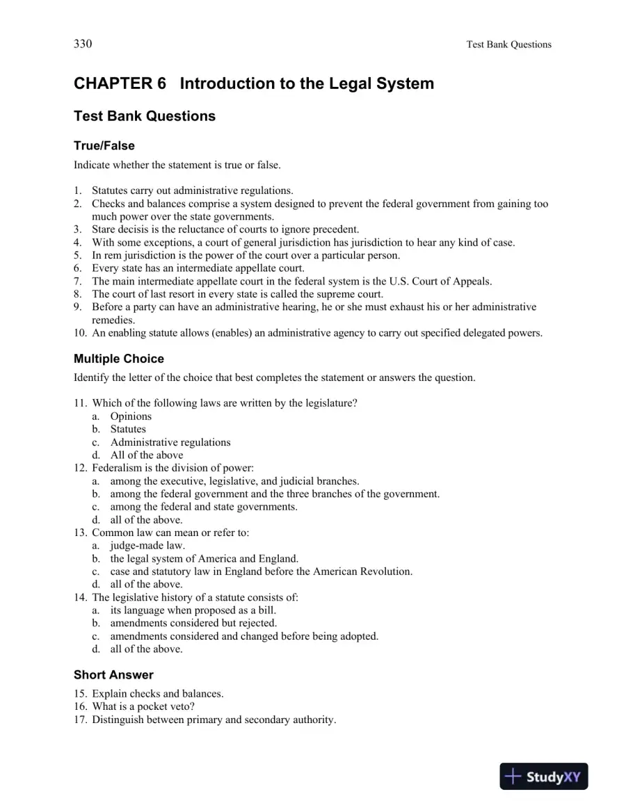 Test Bank for Introduction to Paralegalism: Perspectives, Problems and Skills, 8th Edition, page 15