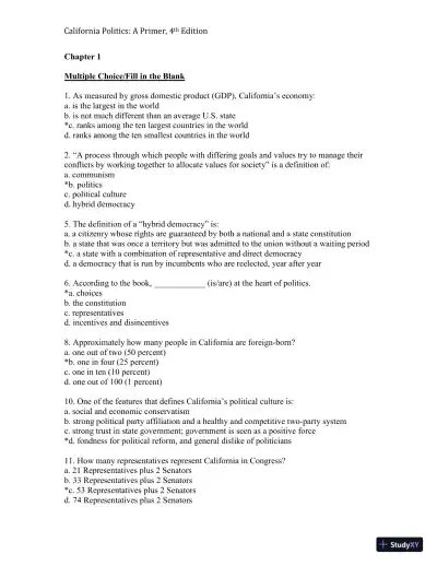 California Politics: A Primer, 4th Edition Test Bank - Page 1 preview image