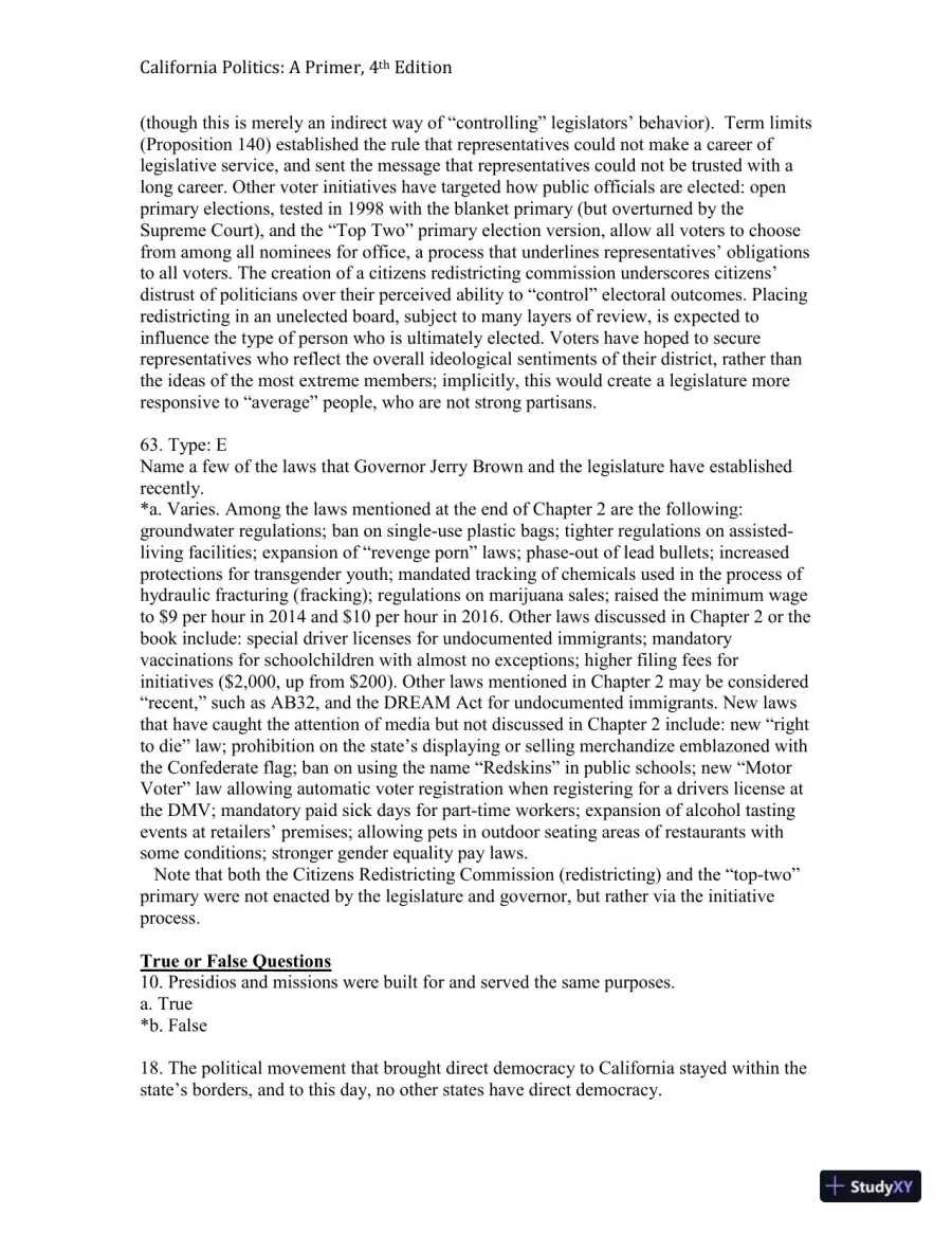 California Politics: A Primer, 4th Edition Test Bank, page 18