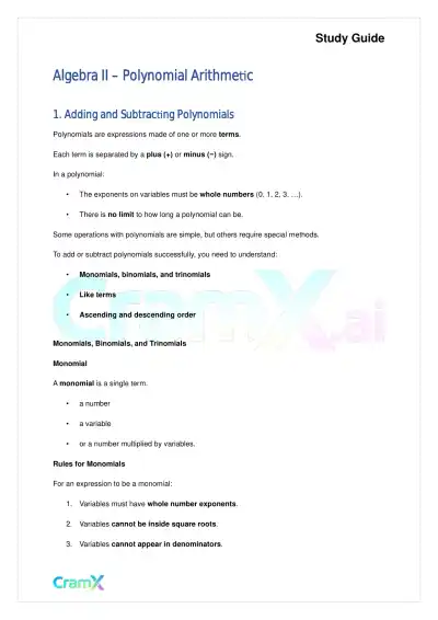 Algebra II - Polynomial Arithmetic - Page 1 preview image