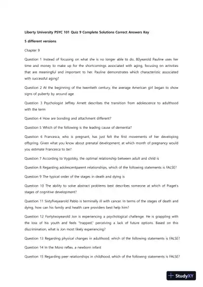Liberty University PSYC 101 Quiz 9 Complete Solutions Correct Answers Key - Page 1 preview image