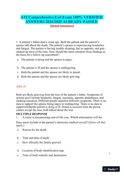 2024-2025 ATI Comprehensive Exit Exam with Answers (13 Solved Questions) - Page 1 preview image