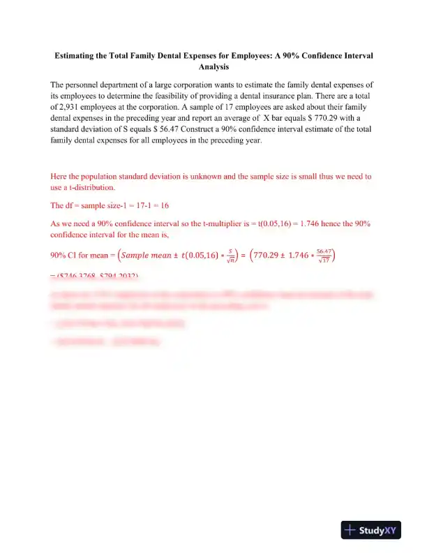 Estimating the Total Family Dental Expenses for Employees: A 90% Confidence Interval Analysis - Page 1 preview image