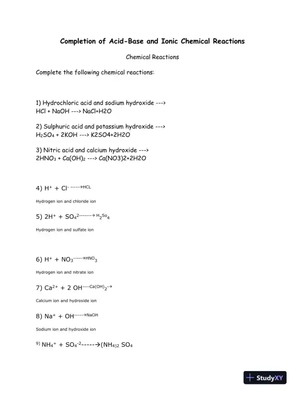 Completion of Acid-Base and Ionic Chemical Reactions - Page 1 preview image
