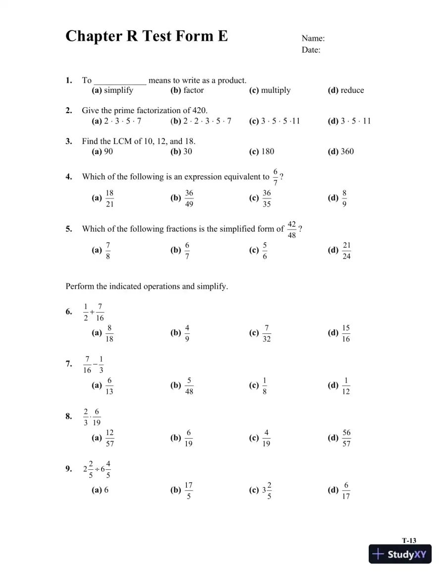 Test Bank for Algebra: A Combined Approach, 6th Edition, page 16