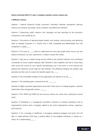 Liberty University BUSI 311 Quiz 4 Complete Solutions Correct Answers Key - Page 1 preview image
