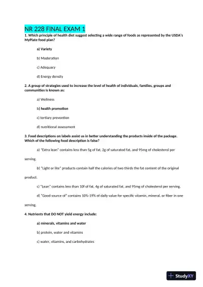NR228 Nutrition Final Exam With Answers (40 Solved Questions) - Page 1 preview image