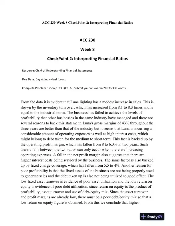 ACC 230 Week 8 CheckPoint 2: Interpreting Financial Ratios - Page 1 preview image