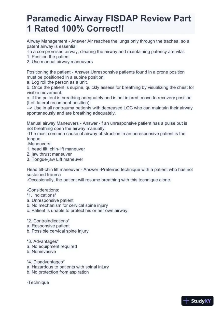 FISDAP Paramedic Airway Practice Exam With Answers (184 Solved Questions), page 15