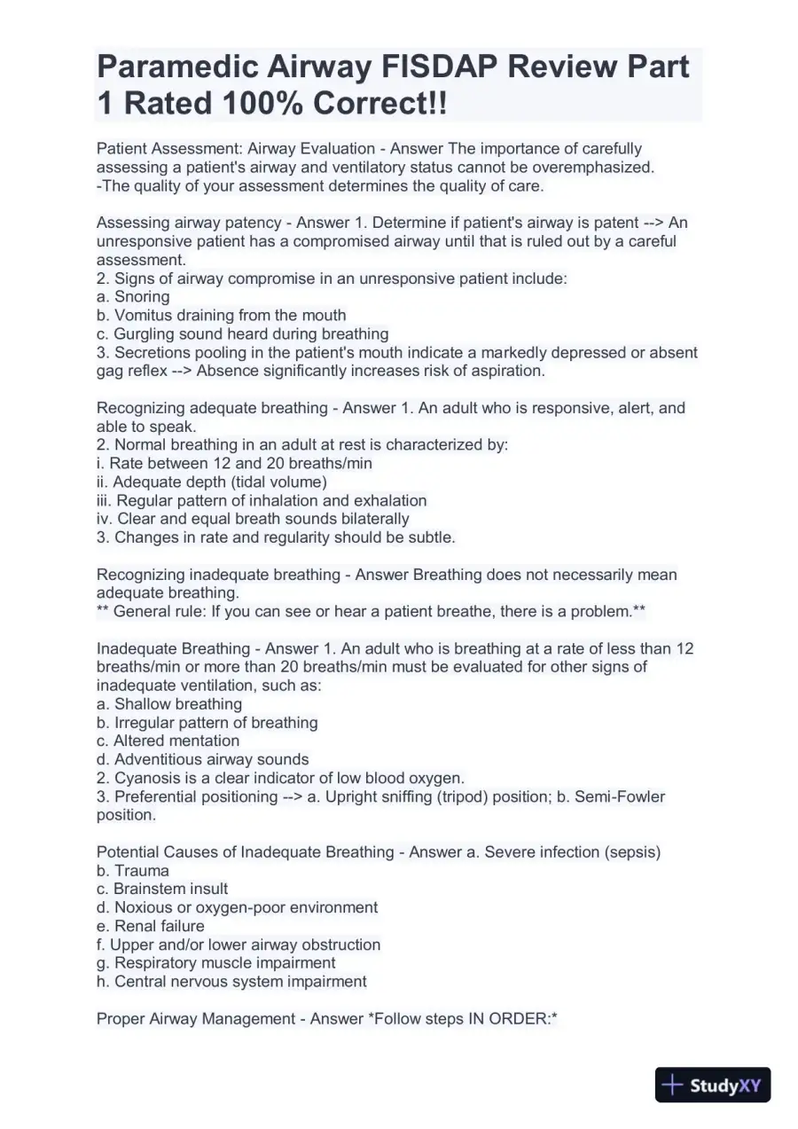 FISDAP Paramedic Airway Practice Exam With Answers (184 Solved Questions), page 7