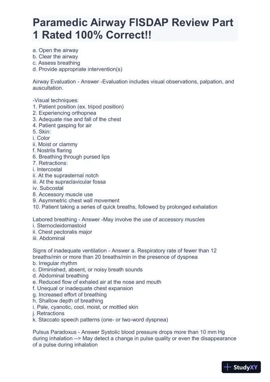 FISDAP Paramedic Airway Practice Exam With Answers (184 Solved Questions), page 8