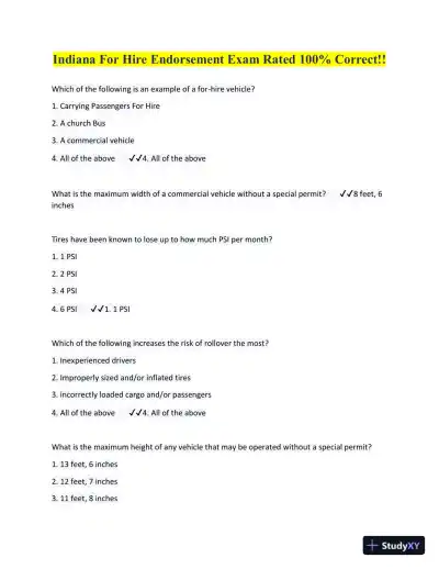Indiana For Hire Endorsement Practice Exam with Answers (34 Solved Questions) - Page 1 preview image