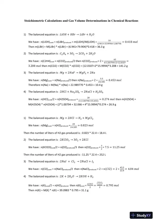 Stoichiometric Calculations And Gas Volume Determinations In Chemical Reactions - Page 1 preview image
