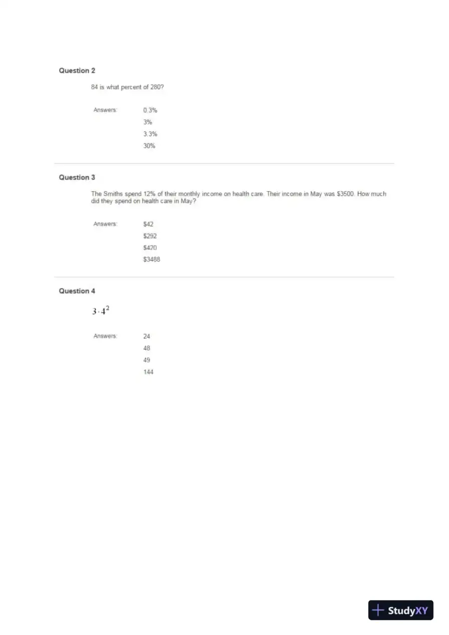 Liberty University INFT 101 Placement Test - Math Part 1 Correct Answers, page 3
