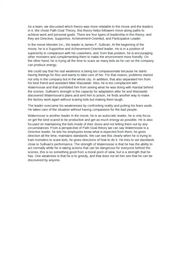 Analysis of Leadership in Monster Inc - Page 1 preview image