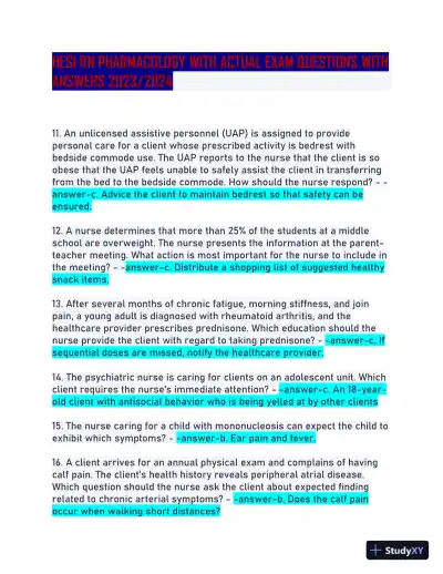 2023-2024 HESI RN Pharmacology Actual Exam With Answers (180 Solved Questions) - Page 1 preview image