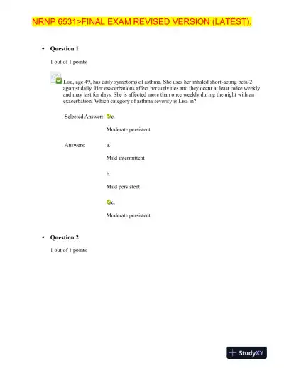 NRNP6531 Nursing Diagnosis Final Exam Revised Version With Answers (20 Solved Questions) - Page 1 preview image