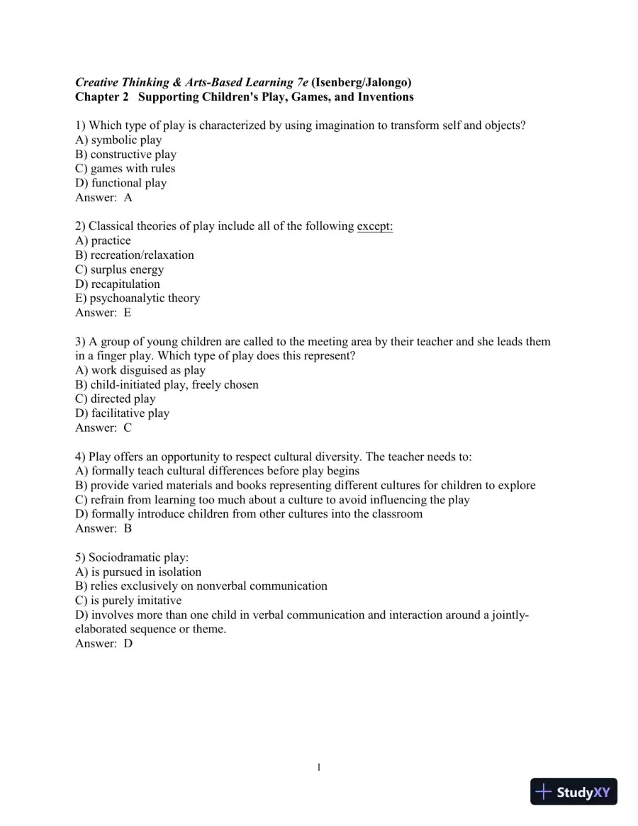 Test Bank for Creative Thinking and Arts-Based Learning: Preschool Through Fourth Grade, 7th Edition, page 12